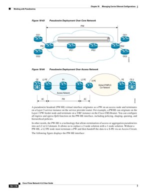 Page 560  
18-116
Cisco Prime Network 4.3.2 User Guide
Chapter 18      Managing Carrier Ethernet Configurations
  Working with Pseudowires
Figure 18-63 Pseudowire Deployment Over Core Network
Figure 18-64 Pseudowire Deployment Over Access Network
A pseudowire headend (PW-HE) virtual interface originates as a PW on an access node and terminates 
on a Layer 3 service instance on the service provider router. For example, a PWHE can originate on the 
Layer 2 PW feeder node and terminate on a VRF instance on the...