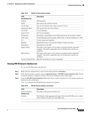 Page 565  
18-121
Cisco Prime Network 4.3.2 User Guide
Chapter 18      Managing Carrier Ethernet Configurations
  Working with Pseudowires
Viewing PW-HE Generic Interface List
To view the PW-HE generic interface list:
Step 1Right-click the required device in the Vision client and choose Inventory.
Step 2In the logical inventory window, choose Logical Inventory > PW-HE Generic Interface List. The list 
of generic interfaces configured in Prime Network are displayed in the content pane. 
Step 3From the PW-HE...