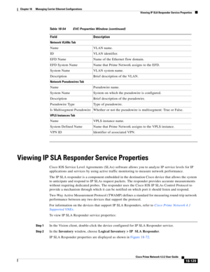 Page 573  
18-129
Cisco Prime Network 4.3.2 User Guide
Chapter 18      Managing Carrier Ethernet Configurations
  Viewing IP SLA Responder Service Properties
Viewing IP SLA Responder Service Properties
Cisco IOS Service Level Agreements (SLAs) software allows you to analyze IP service levels for IP 
applications and services by using active traffic monitoring to measure network performance. 
The IP SLA responder is a component embedded in the destination Cisco device that allows the system 
to anticipate and...