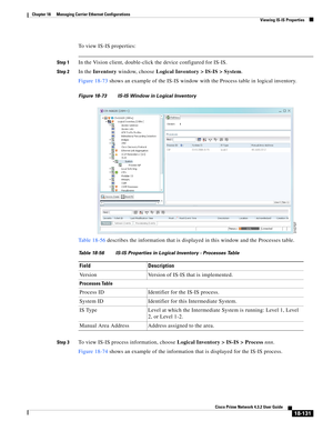 Page 575  
18-131
Cisco Prime Network 4.3.2 User Guide
Chapter 18      Managing Carrier Ethernet Configurations
  Viewing IS-IS Properties
To view IS-IS properties: 
Step 1In the Vision client, double-click the device configured for IS-IS. 
Step 2In the Inventory window, choose Logical Inventory > IS-IS > System. 
Figure 18-73 shows an example of the IS-IS window with the Process table in logical inventory.
Figure 18-73 IS-IS Window in Logical Inventory 
Table 18-56 describes the information that is displayed in...