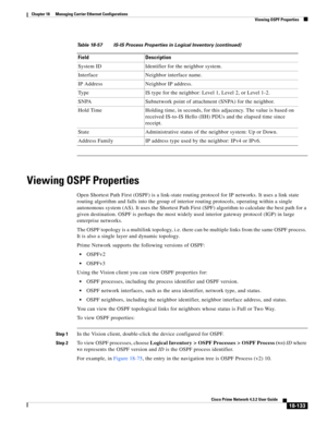 Page 577  
18-133
Cisco Prime Network 4.3.2 User Guide
Chapter 18      Managing Carrier Ethernet Configurations
  Viewing OSPF Properties
Viewing OSPF Properties
Open Shortest Path First (OSPF) is a link-state routing protocol for IP networks. It uses a link state 
routing algorithm and falls into the group of interior routing protocols, operating within a single 
autonomous system (AS). It uses the Shortest Path First (SPF) algorithm to calculate the best path for a 
given destination. OSPF is perhaps the most...