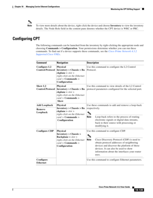 Page 583  
18-139
Cisco Prime Network 4.3.2 User Guide
Chapter 18      Managing Carrier Ethernet Configurations
  Monitoring the CPT 50 Ring Support
NoteTo view more details about the device, right-click the device and choose Inventory to view the inventory 
details. The Node Role field in the content pane denotes whether the CPT device is WRC or PRC.
Configuring CPT
The following commands can be launched from the inventory by right-clicking the appropriate node and 
choosing Commands > Configuration. Your...