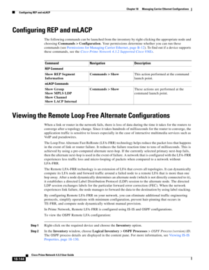 Page 588  
18-144
Cisco Prime Network 4.3.2 User Guide
Chapter 18      Managing Carrier Ethernet Configurations
  Configuring REP and mLACP
Configuring REP and mLACP 
The following commands can be launched from the inventory by right-clicking the appropriate node and 
choosing Commands > Configuration. Your permissions determine whether you can run these 
commands (see Permissions for Managing Carrier Ethernet, page B-12). To find out if a device supports 
these commands, see the Cisco Prime Network 4.3.2...