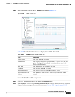 Page 589  
18-145
Cisco Prime Network 4.3.2 User Guide
Chapter 18      Managing Carrier Ethernet Configurations
  Viewing the Remote Loop Free Alternate Configurations
Step 3In the content pane, click the RLFA Tunnels tab as shown in Figure 18-78. 
Figure 18-78 RLFA Tunnels tab
Table 18-63 describes the information that is displayed in the RLFA Tunnels tab. 
To view the IS-IS Remote LFA configuration:
Step 1Right-click on the required device and choose the Inventory option. 
Step 2In the Inventory window, choose...