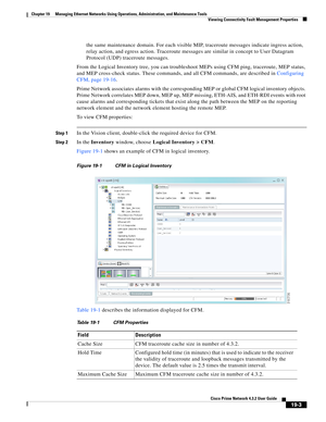 Page 597  
19-3
Cisco Prime Network 4.3.2 User Guide
Chapter 19      Managing Ethernet Networks Using Operations, Administration, and Maintenance Tools
  Viewing Connectivity Fault Management Properties
the same maintenance domain. For each visible MIP, traceroute messages indicate ingress action, 
relay action, and egress action. Traceroute messages are similar in concept to User Datagram 
Protocol (UDP) traceroute messages.
From the Logical Inventory tree, you can troubleshoot MEPs using CFM ping, traceroute,...