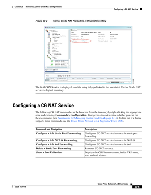 Page 619  
20-5
Cisco Prime Network 4.3.2 User Guide
EDCS-1524415
Chapter 20      Monitoring Carrier Grade NAT Configurations
  Configuring a CG NAT Service
Figure 20-2 Carrier Grade NAT Properties in Physical Inventory 
The field CGN Service is displayed, and the entry is hyperlinked to the associated Carrier Grade NAT 
service in logical inventory. 
Configuring a CG NAT Service
The following CG NAT commands can be launched from the inventory by right-clicking the appropriate 
node and choosing Commands >...