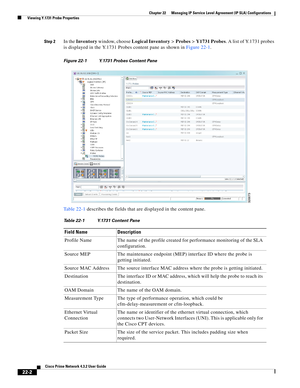 Page 630  
22-2
Cisco Prime Network 4.3.2 User Guide
Chapter 22      Managing IP Service Level Agreement (IP SLA) Configurations
  Viewing Y.1731 Probe Properties
Step 2In the Inventory window, choose Logical Inventory>Probes>Y1731 Probes. A list of Y.1731 probes 
is displayed in the Y.1731 Probes content pane as shown in Figure 22-1.
Figure 22-1 Y.1731 Probes Content Pane
Table 22-1 describes the fields that are displayed in the content pane.
Table 22-1 Y.1731 Content Pane
Field Name Description
Profile Name...