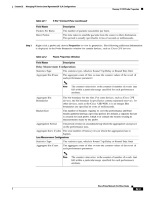 Page 631  
22-3
Cisco Prime Network 4.3.2 User Guide
Chapter 22      Managing IP Service Level Agreement (IP SLA) Configurations
  Viewing Y.1731 Probe Properties
Step 3Right-click a probe and choose Properties to view its properties. The following additional information 
is displayed in the Probe Properties window for certain devices, such as Cisco CPT devices. Packets Per Burst The number of packets transmitted per burst.
Burst Period The time taken to send the packets from the source to their destination....