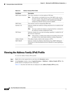 Page 638  
23-4
Cisco Prime Network 4.3.2 User Guide
Chapter 23      Monitoring IP and MPLS Multicast Configurations
  Viewing the Address Family (IPv6) Profile
Viewing the Address Family (IPv6) Profile
To view the Address Family (IPv6) profile:
Step 1Right-click on the required device and choose the Inventory option.
Step 2In the Inventory window, choose Logical Inventory>Multicast>Address Family (IPV6). The 
profile details are displayed in the content pane.
Table 23-3 describes the fields that are displayed...