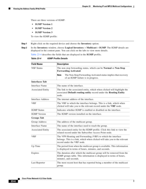 Page 640  
23-6
Cisco Prime Network 4.3.2 User Guide
Chapter 23      Monitoring IP and MPLS Multicast Configurations
  Viewing the Address Family (IPv6) Profile
There are three versions of IGMP:
IGMP Version 1
IGMP Version 2
IGMP Version 3
To view the IGMP profile:
Step 1Right-click on the required device and choose the Inventory option.
Step 2In the Inventory window, choose Logical Inventory>Multicast>IGMP. The IGMP details are 
displayed in the content pane. You can click on the tabs to view more details....