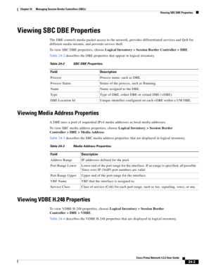 Page 647 
24-3
Cisco Prime Network 4.3.2 User Guide
Chapter 24      Managing Session Border Controllers (SBCs)
  Viewing SBC DBE Properties
Viewing SBC DBE Properties
The DBE controls media packet access to the network, provides differentiated services and QoS for 
different media streams, and prevents service theft. 
To view SBC DBE properties, choose Logical Inventory > Session Border Controller > DBE.
Table 24-2 describes the DBE properties that appear in logical inventory. 
Viewing Media Address Properties
A...