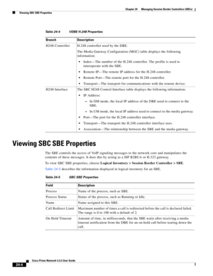 Page 648 
24-4
Cisco Prime Network 4.3.2 User Guide
Chapter 24      Managing Session Border Controllers (SBCs)
  Viewing SBC SBE Properties
Viewing SBC SBE Properties
The SBE controls the access of VoIP signaling messages to the network core and manipulates the 
contents of these messages. It does this by acting as a SIP B2BUA or H.323 gateway. 
To view SBC SBE properties, choose Logical Inventory > Session Border Controller > SBE. 
Table 24-5 describes the information displayed in logical inventory for an SBE....