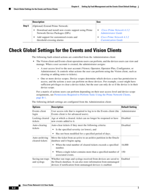 Page 66  
6-2
Cisco Prime Network 4.3.2 User Guide
Chapter 6      Setting Up Fault Management and the Events Client Default Settings
  Check Global Settings for the Events and Vision Clients
Check Global Settings for the Events and Vision Clients
The following fault-related actions are controlled from the Administration client:
The Vision client and Events client operations users can perform, and the devices users can view and 
manage. When a user account is created, the administrator assigns:
–A user access...