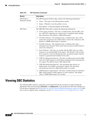 Page 656 
24-12
Cisco Prime Network 4.3.2 User Guide
Chapter 24      Managing Session Border Controllers (SBCs)
  Viewing SBC Statistics
Viewing SBC Statistics
The following SBC statistics commands can be launched from the inventory by right-clicking the 
appropriate node and choosing Commands > Configuration. Your permissions determine whether you 
can run these commands (see Permissions for Vision Client NE-Related Operations, page B-4). To find 
out if a device supports these commands, see the Cisco Prime...