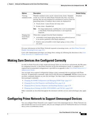 Page 67  
6-3
Cisco Prime Network 4.3.2 User Guide
Chapter 6      Setting Up Fault Management and the Events Client Default Settings
  Making Sure Devices Are Configured Correctly
For more information on how Prime Network responds to incoming events, see How Prime Network 
Handles Incoming Events, page 10-1.
Users with Administrator privileges can change these settings by following the directions in the Cisco 
Prime Network 4.3.2 Administrator Guide.
Making Sure Devices Are Configured Correctly
In order for...