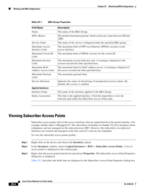 Page 666 
25-4
Cisco Prime Network 4.3.2 User Guide
OL-31018-01
Chapter 25      Monitoring BNG Configurations
  Working with BNG Configurations
Viewing Subscriber Access Points
Subscriber access points refer to the access interfaces that are named based on the parent interface. For 
example, bundle-ether 2.100.pppoe312. The subscribers on bundles (or bundle-VLANs) interfaces allow 
redundancy and are managed on the route processor (RP). However, the subscribers over physical 
interfaces are created and managed...