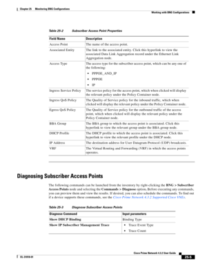 Page 667 
25-5
Cisco Prime Network 4.3.2 User Guide
OL-31018-01
Chapter 25      Monitoring BNG Configurations
  Working with BNG Configurations
Diagnosing Subscriber Access Points
The following commands can be launched from the inventory by right-clicking the BNG > Subscriber 
Access Points node and selecting the Commands > Diagnose option. Before executing any commands, 
you can preview them and view the results. If desired, you can also schedule the commands. To find out 
if a device supports these commands,...