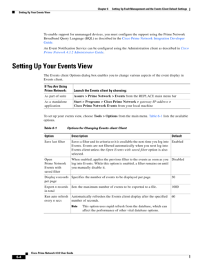 Page 68  
6-4
Cisco Prime Network 4.3.2 User Guide
Chapter 6      Setting Up Fault Management and the Events Client Default Settings
  Setting Up Your Events View
To enable support for unmanaged devices, you must configure the support using the Prime Network 
Broadband Query Language (BQL) as described in the Cisco Prime Network Integration Developer 
Guide.
An Event Notification Service can be configured using the Administration client as described in Cisco 
Prime Network 4.3.2 Administrator Guide.
Setting Up...