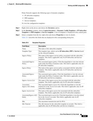 Page 671 
25-9
Cisco Prime Network 4.3.2 User Guide
OL-31018-01
Chapter 25      Monitoring BNG Configurations
  Working with BNG Configurations
Prime Network supports the following types of dynamic templates:
IP subscriber templates
PPP templates
Service templates
To view the configuration templates:
Step 1Right-click on the device and choose the Inventory option. 
Step 2In the Inventory window, choose Logical Inventory>Dynamic Config Templates > IP Subscriber 
Te m p l a t e s or PPP template or Service...