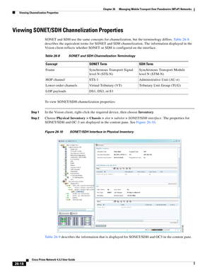 Page 692 
26-18
Cisco Prime Network 4.3.2 User Guide
Chapter 26      Managing Mobile Transport Over Pseudowire (MToP) Networks
  Viewing Channelization Properties
Viewing SONET/SDH Channelization Properties
SONET and SDH use the same concepts for channelization, but the terminology differs. Table 26-8 
describes the equivalent terms for SONET and SDH channelization. The information displayed in the 
Vision client reflects whether SONET or SDH is configured on the interface.
To view SONET/SDH channelization...