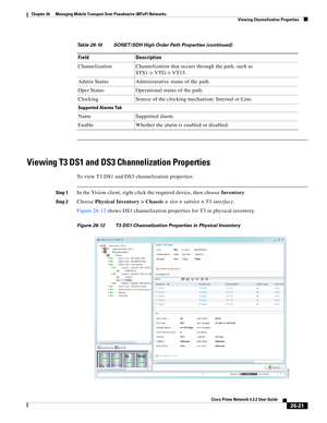 Page 695 
26-21
Cisco Prime Network 4.3.2 User Guide
Chapter 26      Managing Mobile Transport Over Pseudowire (MToP) Networks
  Viewing Channelization Properties
Viewing T3 DS1 and DS3 Channelization Properties
To view T3 DS1 and DS3 channelization properties: 
Step 1In the Vision client, right-click the required device, then choose Inventory. 
Step 2Choose Physical Inventory > Chassis >slot>subslot>T3-interface. 
Figure 26-12 shows DS1 channelization properties for T3 in physical inventory.
Figure 26-12 T3 DS1...