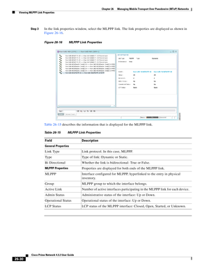 Page 704 
26-30
Cisco Prime Network 4.3.2 User Guide
Chapter 26      Managing Mobile Transport Over Pseudowire (MToP) Networks
  Viewing MLPPP Link Properties
Step 3In the link properties window, select the MLPPP link. The link properties are displayed as shown in 
Figure 26-16.
Figure 26-16 MLPPP Link Properties
Table 26-15 describes the information that is displayed for the MLPPP link. 
Table 26-15 MLPPP Link Properties
Field Description
General Properties
Link Type Link protocol. In this case, MLPPP.
Type...