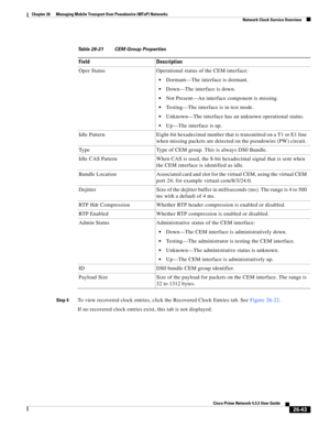 Page 717 
26-43
Cisco Prime Network 4.3.2 User Guide
Chapter 26      Managing Mobile Transport Over Pseudowire (MToP) Networks
  Network Clock Service Overview
Step 4To view recovered clock entries, click the Recovered Clock Entries tab. See Figure 26-22. 
If no recovered clock entries exist, this tab is not displayed. 
Table 26-21 CEM Group Properties
Field Description
Oper Status Operational status of the CEM interface:
Dormant—The interface is dormant.
Down—The interface is down.
Not Present—An interface...