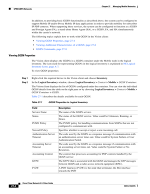 Page 738  
27-4
Cisco Prime Network 4.3.2 User Guide
EDCS-1524415
Chapter 27      Managing Mobile Networks
  GPRS/UMTS Networks
In addition, to providing basic GGSN functionality as described above, the system can be configured to 
support Mobile IP and/or Proxy Mobile IP data applications in order to provide mobility for subscriber 
IP PDP contexts. When supporting these services, the system can be configured to function as a GGSN 
and Foreign Agent (FA), a stand-alone Home Agent (HA), or a GGSN, FA, and HA...