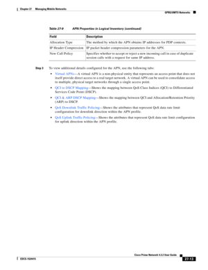 Page 747  
27-13
Cisco Prime Network 4.3.2 User Guide
EDCS-1524415
Chapter 27      Managing Mobile Networks
  GPRS/UMTS Networks
Step 3To view additional details configured for the APN, use the following tabs: 
Vi r t u a l  A P N s—A virtual APN is a non-physical entity that represents an access point that does not 
itself provide direct access to a real target network. A virtual APN can be used to consolidate access 
to multiple, physical target networks through a single access point.
QCI to DSCP Mapping—Shows...