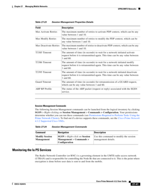 Page 775  
27-41
Cisco Prime Network 4.3.2 User Guide
EDCS-1524415
Chapter 27      Managing Mobile Networks
  GPRS/UMTS Networks
Session Management Commands
The following Session Management commands can be launched from the logical inventory by clicking 
SGSN > Right-clicking on Session Management > Commands > Configuration. Your permissions 
determine whether you can run these commands (see Permissions Required to Perform Tasks Using the 
Prime Network Clients). To find out if a device supports these commands,...