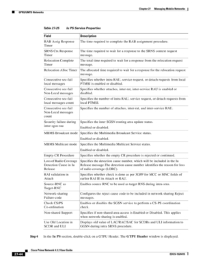 Page 778  
27-44
Cisco Prime Network 4.3.2 User Guide
EDCS-1524415
Chapter 27      Managing Mobile Networks
  GPRS/UMTS Networks
Step 4In the Iu PS section, double-click on a GTPU Header. The GTPU Header window is displayed. RAB Assig Response 
TimerThe time required to complete the RAB assignment procedure.
SRNS Ctx Response 
TimerThe time required to wait for a response to the SRNS context request 
message.
Relocation Complete 
TimerThe total time required to wait for a response from the relocation request...