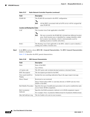 Page 780  
27-46
Cisco Prime Network 4.3.2 User Guide
EDCS-1524415
Chapter 27      Managing Mobile Networks
  GPRS/UMTS Networks
Step 6In the RNCs section, choose RNC ID > General Characteristics. The RNC General Characteristics 
window is displayed. 
Table 27-28 describes the RNC general characteristics. PLMN ID The PLMN ID associated to the RNC configuration.
NoteAll the RNCs associated with an Iu PS service will be assigned the 
same PLMN ID.
Location and Routing Area Codes 
LAC The Location Area Code...