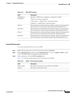 Page 785  
27-51
Cisco Prime Network 4.3.2 User Guide
EDCS-1524415
Chapter 27      Managing Mobile Networks
  GPRS/UMTS Networks
Viewing IU PS Associations
To view the associated Iu PS services for a SGSN:
Step 1Right-click the required device in the Vision client and choose Inventory.
Step 2In the Logical Inventory window, choose Logical Inventory > Context> Mobile > SGSN>SGSN 
service. The SGSN details are displayed in the content pane.
Step 3In the content pane, click the Iu PS Associations tab.
Table 27-34...