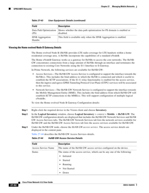 Page 796  
27-62
Cisco Prime Network 4.3.2 User Guide
EDCS-1524415
Chapter 27      Managing Mobile Networks
  GPRS/UMTS Networks
Viewing the Home evolved Node B Gateway Details
The Home evolved Node B (HeNB) provides LTE radio coverage for LTE handsets within a home 
residential coverage area. A HeNBs incorporate the capabilities of a standard eNodeB.
The Home eNodeB Gateway works as a gateway for HeNBs to access the core networks. The HeNB- 
GW concentrates connections from a large amount of HeNBs through an...