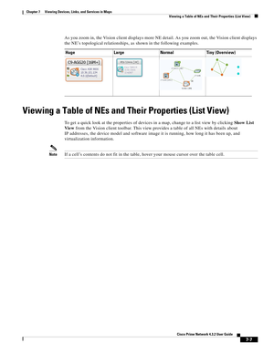 Page 81  
7-7
Cisco Prime Network 4.3.2 User Guide
Chapter 7      Viewing Devices, Links, and Services in Maps
  Viewing a Table of NEs and Their Properties (List View)
As you zoom in, the Vision client displays more NE detail. As you zoom out, the Vision client displays 
the NE’s topological relationships, as shown in the following examples.
Viewing a Table of NEs and Their Properties (List View)
To get a quick look at the properties of devices in a map, change to a list view by clicking Show List 
View from...