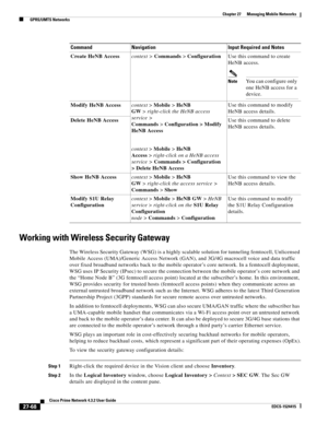 Page 802  
27-68
Cisco Prime Network 4.3.2 User Guide
EDCS-1524415
Chapter 27      Managing Mobile Networks
  GPRS/UMTS Networks
Working with Wireless Security Gateway
The Wireless Security Gateway (WSG) is a highly scalable solution for tunneling femtocell, Unlicensed 
Mobile Access (UMA)/Generic Access Network (GAN), and 3G/4G macrocell voice and data traffic 
over fixed broadband networks back to the mobile operator’s core network. In a femtocell deployment, 
WSG uses IP Security (IPsec) to secure the...