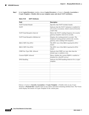 Page 806  
27-72
Cisco Prime Network 4.3.2 User Guide
EDCS-1524415
Chapter 27      Managing Mobile Networks
  GPRS/UMTS Networks
Step 2In the Logical Inventory window, choose Logical Inventory > Context> Security Association > 
Crypto Template > Double click on any template name and check NATT attributes.
Choose > Context> Security Association > Crypto Template  > Double-click on any Crypto 
Template> Payload Tab > Double Click on any entries and check remaining attributes here. The Vision 
client displays the...