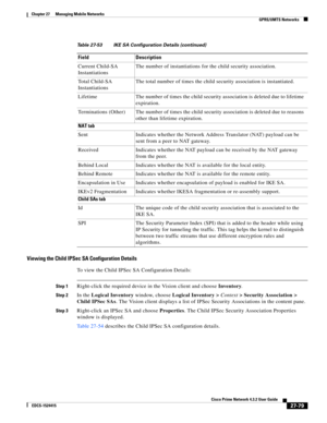 Page 813  
27-79
Cisco Prime Network 4.3.2 User Guide
EDCS-1524415
Chapter 27      Managing Mobile Networks
  GPRS/UMTS Networks
Viewing the Child IPSec SA Configuration Details
To view the Child IPSec SA Configuration Details:
Step 1Right-click the required device in the Vision client and choose Inventory.
Step 2In the Logical Inventory window, choose Logical Inventory > Context> Security Association > 
Child IPSec SAs. The Vision client displays a list of IPSec Security Associations in the content pane. 
Step...