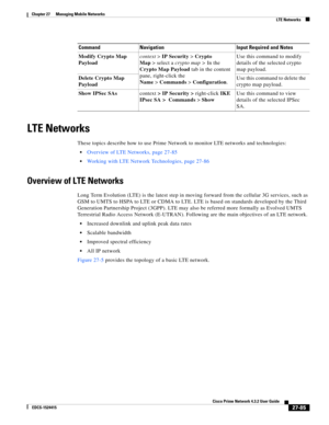 Page 819  
27-85
Cisco Prime Network 4.3.2 User Guide
EDCS-1524415
Chapter 27      Managing Mobile Networks
  LTE Networks
LTE Networks
These topics describe how to use Prime Network to monitor LTE networks and technologies:
Overview of LTE Networks, page 27-85
Working with LTE Network Technologies, page 27-86
Overview of LTE Networks
Long Term Evolution (LTE) is the latest step in moving forward from the cellular 3G services, such as 
GSM to UMTS to HSPA to LTE or CDMA to LTE. LTE is based on standards...