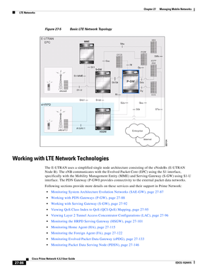 Page 820  
27-86
Cisco Prime Network 4.3.2 User Guide
EDCS-1524415
Chapter 27      Managing Mobile Networks
  LTE Networks
Figure 27-5 Basic LTE Network Topology
Working with LTE Network Technologies
The E-UTRAN uses a simplified single node architecture consisting of the eNodeBs (E-UTRAN 
Node B). The eNB communicates with the Evolved Packet Core (EPC) using the S1 interface, 
specifically with the Mobility Management Entity (MME) and Serving Gateway (S-GW) using S1-U 
interface. The PDN Gateway (P-GW0 provides...