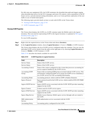 Page 827  
27-93
Cisco Prime Network 4.3.2 User Guide
EDCS-1524415
Chapter 27      Managing Mobile Networks
  LTE Networks
For idle state user equipment (UE), the S-GW terminates the downlink data path and triggers paging 
when downlink data arrives for the UE. It manages and stores UE contexts, such as parameters of the IP 
bearer service, network internal routing information, and so on. It also performs replication of the user 
traffic in case of lawful interception.
The following topics provide details on how...