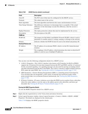 Page 840  
27-106
Cisco Prime Network 4.3.2 User Guide
EDCS-1524415
Chapter 27      Managing Mobile Networks
  LTE Networks
You can also view the following configuration details for a HSGW service:
A10/A11 Properties—The A10/A11 interface (also known as R-P interface for RAN-to-PDSN) 
supports the A10 protocol for user data transport between the PCF and PDSN, and the A11 protocol 
for the associated signaling. A11 signaling messages are also used for passing accounting related 
and other information from the PCF...