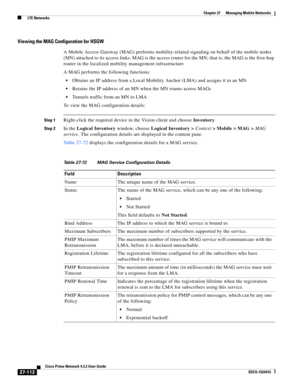 Page 846  
27-112
Cisco Prime Network 4.3.2 User Guide
EDCS-1524415
Chapter 27      Managing Mobile Networks
  LTE Networks
Viewing the MAG Configuration for HSGW
A Mobile Access Gateway (MAG) performs mobility-related signaling on behalf of the mobile nodes 
(MN) attached to its access links. MAG is the access router for the MN; that is, the MAG is the first-hop 
router in the localized mobility management infrastructure
A MAG performs the following functions:
Obtains an IP address from a Local Mobility Anchor...