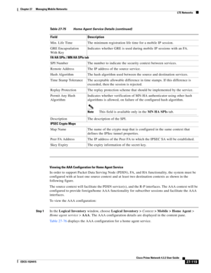 Page 853  
27-119
Cisco Prime Network 4.3.2 User Guide
EDCS-1524415
Chapter 27      Managing Mobile Networks
  LTE Networks
Viewing the AAA Configuration for Home Agent Service
In order to support Packet Data Serving Node (PDSN), FA, and HA functionality, the system must be 
configured with at least one source context and at least two destination contexts as shown in the 
following figure.
The source context will facilitate the PDSN service(s), and the R-P interfaces. The AAA context will be 
configured to...