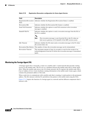 Page 856  
27-122
Cisco Prime Network 4.3.2 User Guide
EDCS-1524415
Chapter 27      Managing Mobile Networks
  LTE Networks
Monitoring the Foreign Agent (FA)
A Foreign Agent (FA) is basically a router on a mobile node’s visited network that provides routing 
services to the mobile node. The FA acts as a mediator between the mobile node and it’s home agent 
(HA). When the mobile node moves out of its home network, the FA registers the mobile node with a 
Care of Address (CoA). It also facilitates routing...