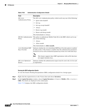 Page 862  
27-128
Cisco Prime Network 4.3.2 User Guide
EDCS-1524415
Chapter 27      Managing Mobile Networks
  LTE Networks
Viewing the GRE Configuration Details
To view the Generic Routing Encapsulation (GRE) configuration details for a foreign agent:
Step 1Right-click the required device in the Vision client and choose Inventory.
Step 2In the Logical Inventory window, choose Logical Inventory > Context> Mobile > FA> A service> 
GRE. The details are displayed in the content pane.
Table 27-83 displays the GRE...