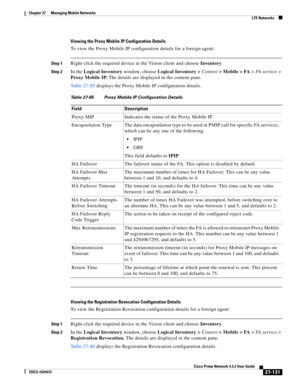 Page 865  
27-131
Cisco Prime Network 4.3.2 User Guide
EDCS-1524415
Chapter 27      Managing Mobile Networks
  LTE Networks
Viewing the Proxy Mobile IP Configuration Details
To view the Proxy Mobile IP configuration details for a foreign agent:
Step 1Right-click the required device in the Vision client and choose Inventory.
Step 2In the Logical Inventory window, choose Logical Inventory > Context> Mobile > FA> FA service> 
Proxy Mobile IP. The details are displayed in the content pane.
Table 27-85 displays the...