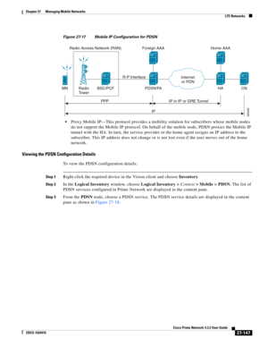 Page 881  
27-147
Cisco Prime Network 4.3.2 User Guide
EDCS-1524415
Chapter 27      Managing Mobile Networks
  LTE Networks
Figure 27-17 Mobile IP Configuration for PDSN

Proxy Mobile IP—This protocol provides a mobility solution for subscribers whose mobile nodes 
do not support the Mobile IP protocol. On behalf of the mobile node, PDSN proxies the Mobile IP 
tunnel with the HA. In turn, the service provider or the home agent assigns an IP address to the 
subscriber. This IP address does not change or is not...