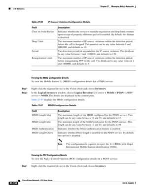 Page 886  
27-152
Cisco Prime Network 4.3.2 User Guide
EDCS-1524415
Chapter 27      Managing Mobile Networks
  LTE Networks
Viewing the MSID Configuration Details
To view the Mobile Station ID (MSID) configuration details for a PDSN service:
Step 1Right-click the required device in the Vision client and choose Inventory.
Step 2In the Logical Inventory window, choose Logical Inventory > Context> Mobile > PDSN> PDSN 
service> MSID. The details are displayed in the content pane.
Table 27-97 displays the MSID...