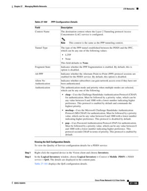 Page 889  
27-155
Cisco Prime Network 4.3.2 User Guide
EDCS-1524415
Chapter 27      Managing Mobile Networks
  LTE Networks
Viewing the QoS Configuration Details
To view the Quality of Service configuration details for a PDSN service:
Step 1Right-click the required device in the Vision client and choose Inventory.
Step 2In the Logical Inventory window, choose Logical Inventory > Context> Mobile  PDSN> PDSN 
service> QoS. The details are displayed in the content pane.
Table 27-101 displays the QoS configuration...